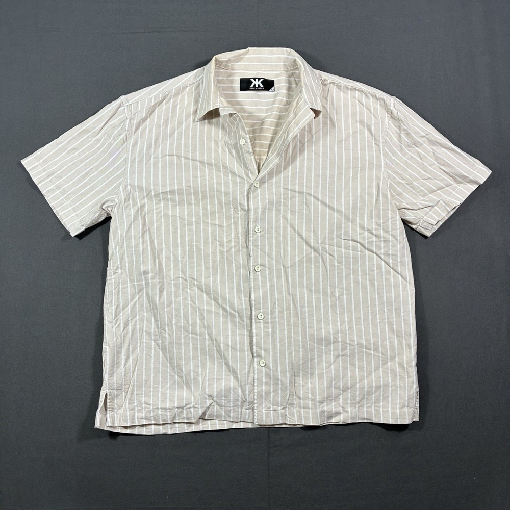 Kook N Keech Mens Size 42 Beige White Stripe Short Sleeve Button Up Large